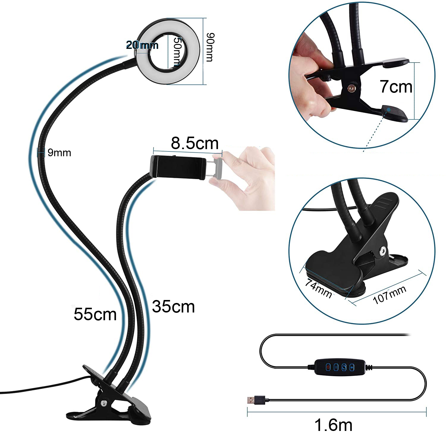 Professionelle USB Selfie Clip Teleskop Stativ Tischhalterung & LED Ringleuchte (Kalt- / Warmweiss) für YouTuber / Influencer - Schwarz