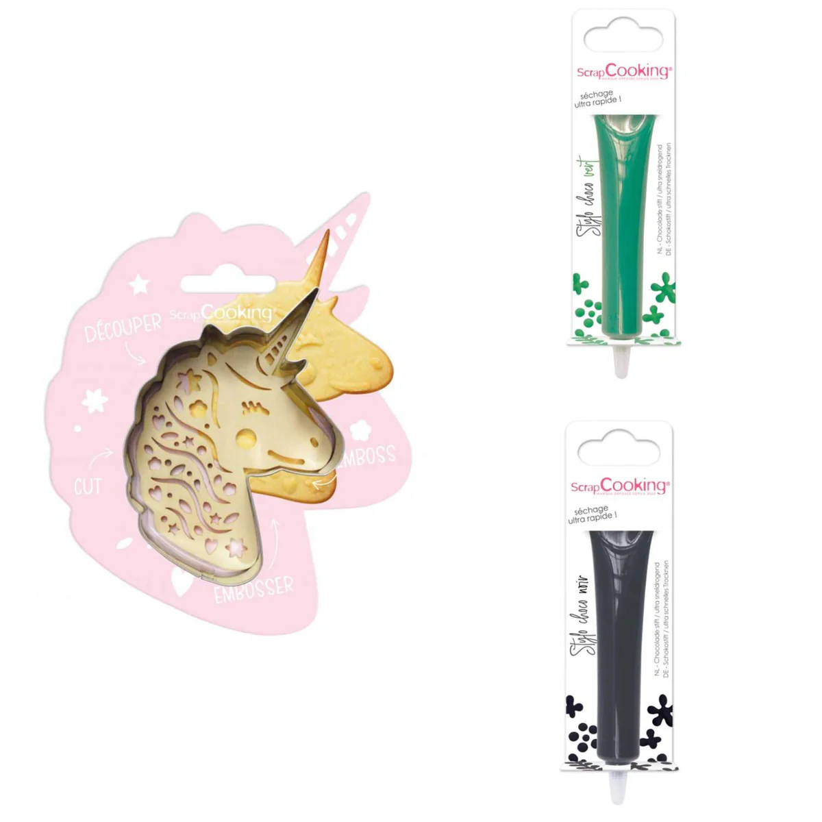 Kit pour biscuit en relief Licorne + 2 Stylos au chocolat vert et noir