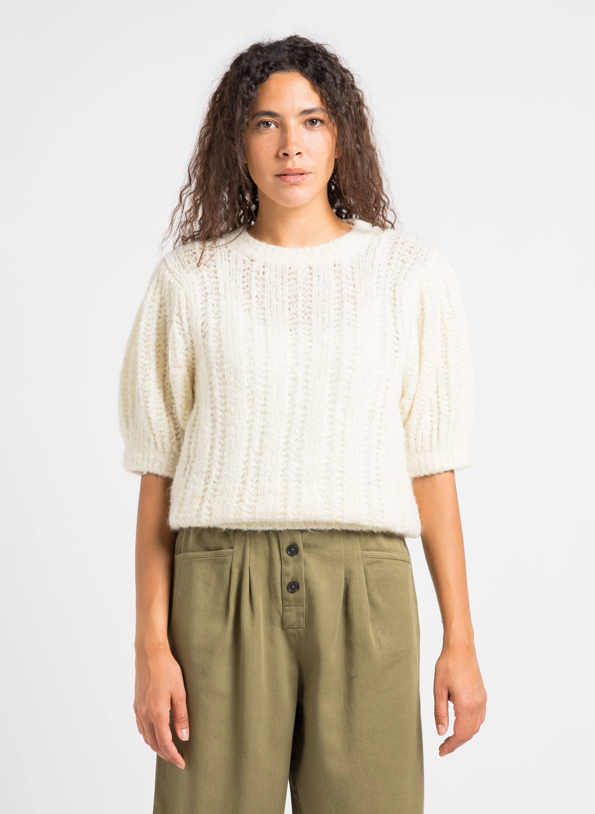 ABOU - Pull col rond en laine mélangée| Beige