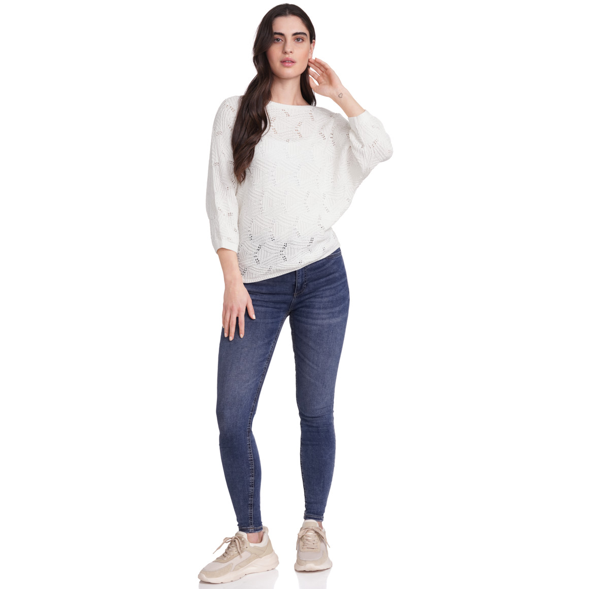 Gina Damen Strickshirt mit Ajour-Muster weiss