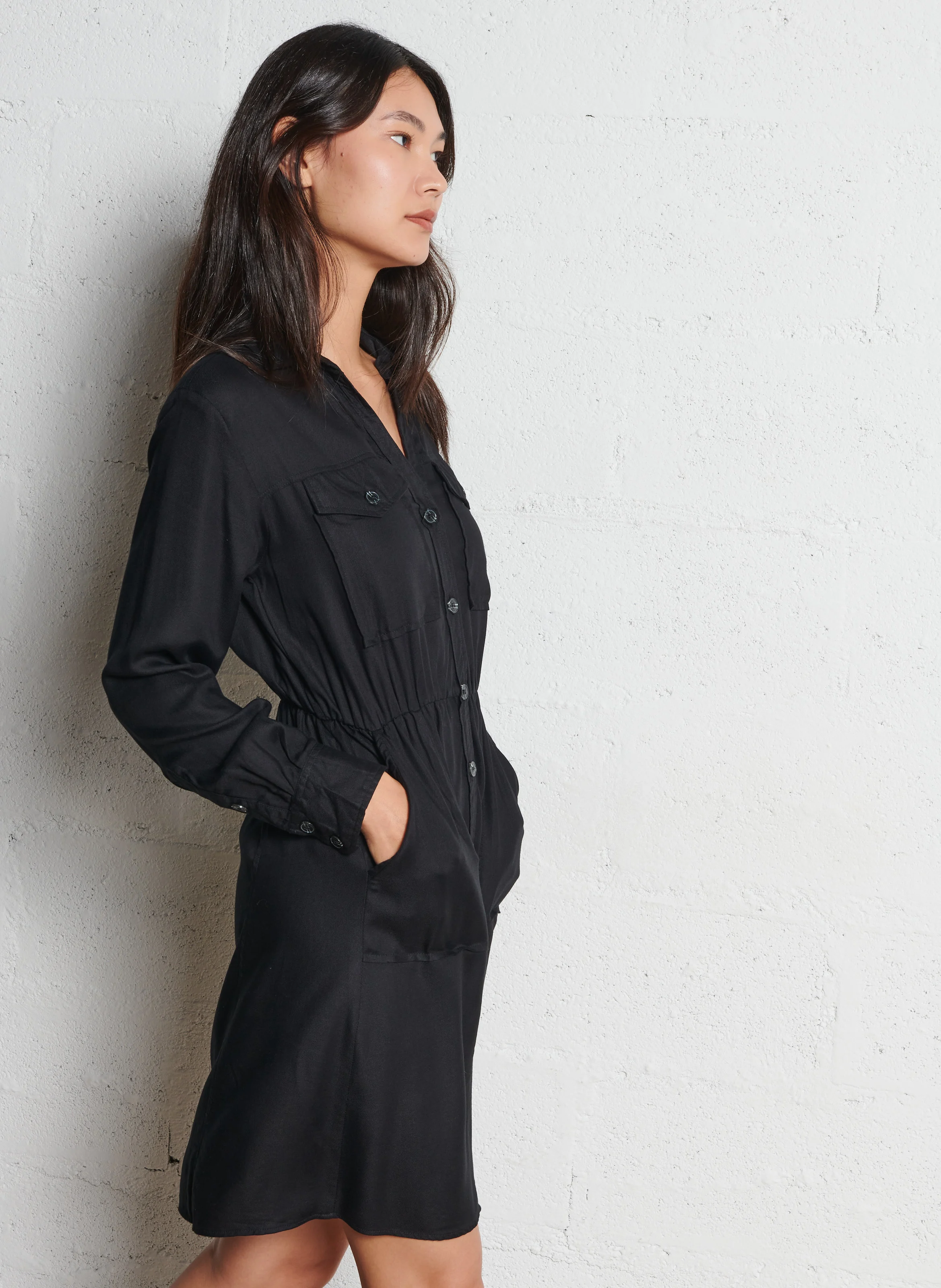 ROKAWI - Robe chemise midi cintrée| Noir