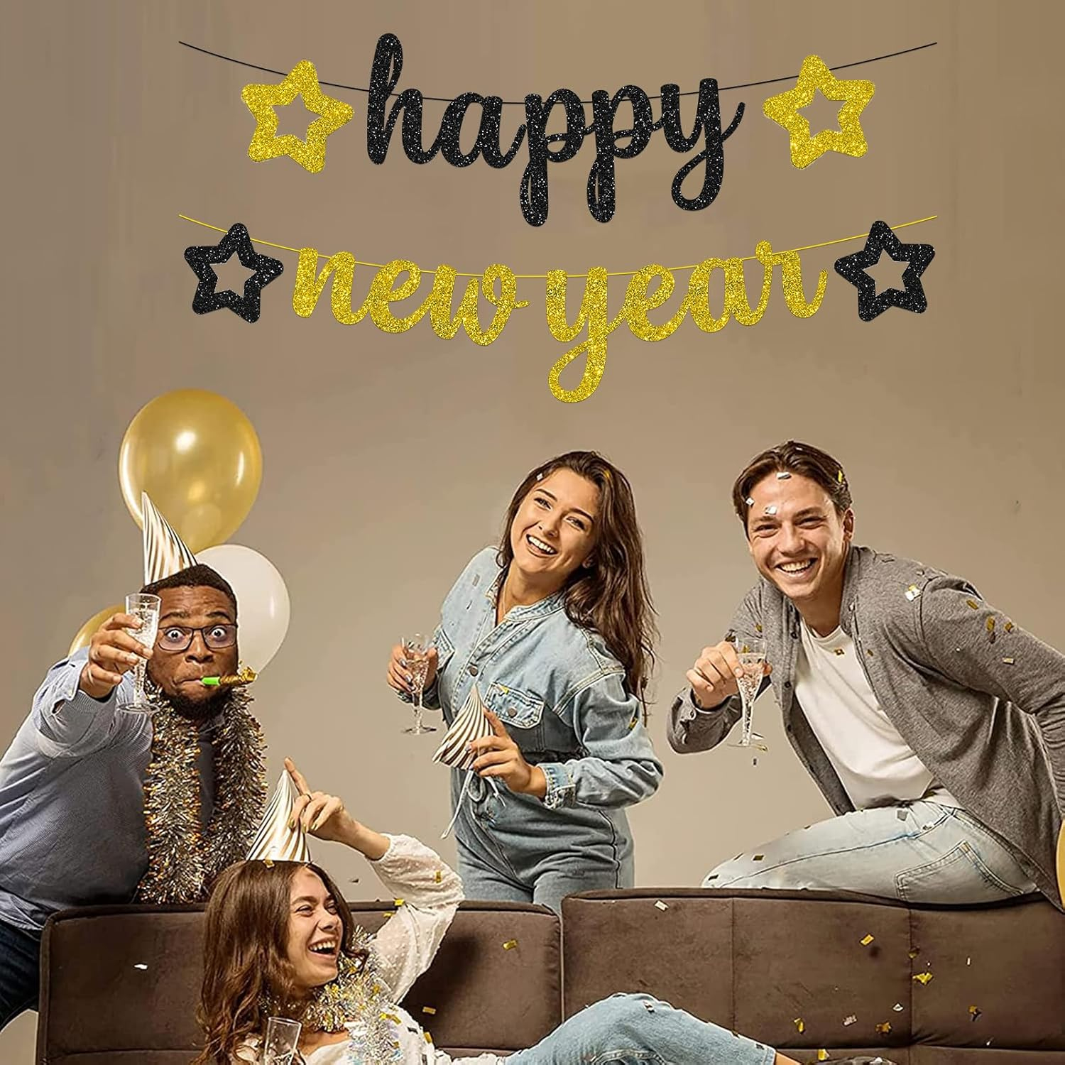 (30cm) Happy New Year Girlande Glitzer Party Dekoration Accessoire Banner - Gold / Schwarz