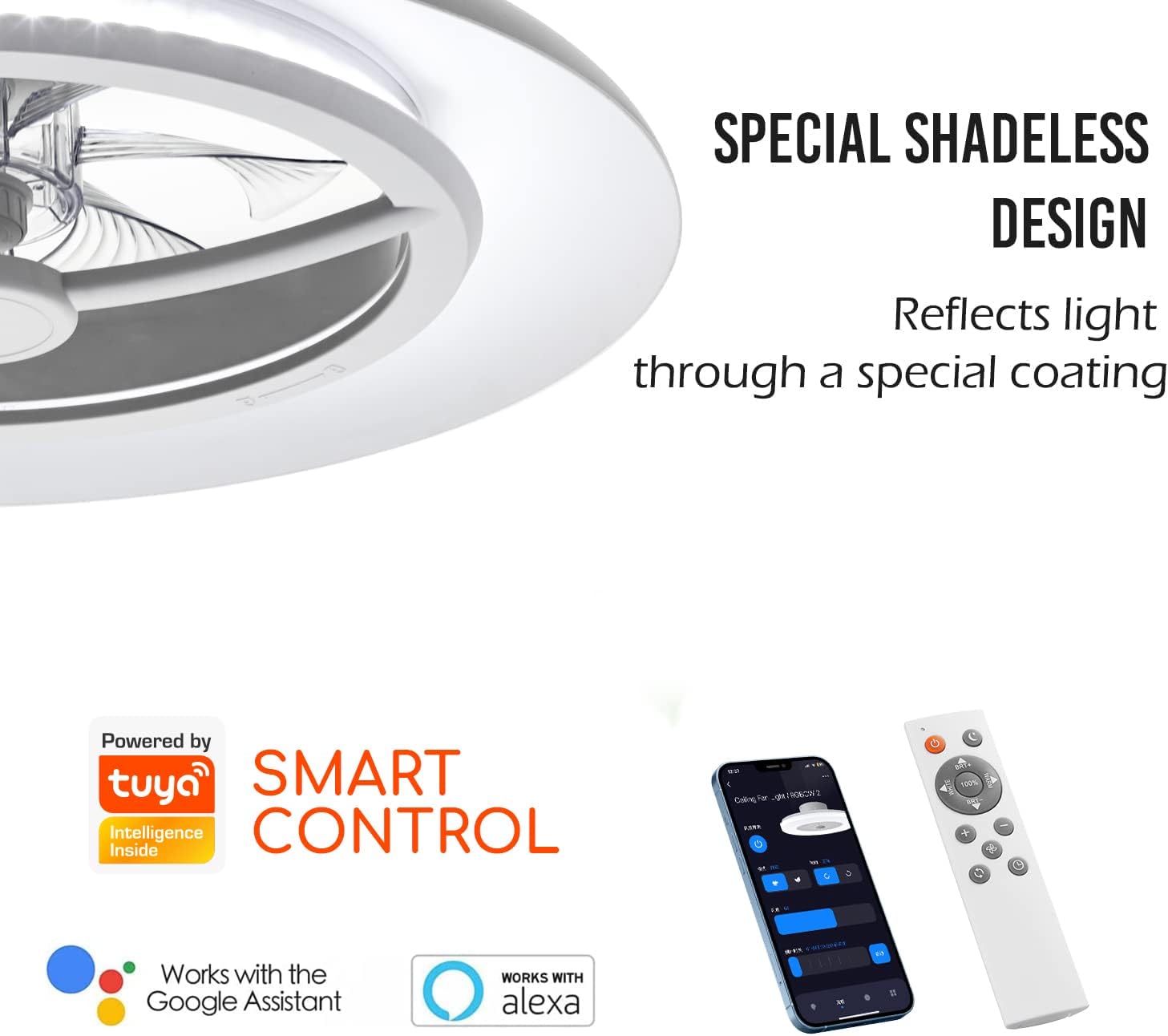 55cm Smart LED Deckenleuchte mit Ventilator, Deckenventilatorleuchten ohne Lampenschirm, Windgeschwindigkeiten einstellbar, dimmbares Licht, moderne Ventilatorbeleuchtung, 3000-5500K