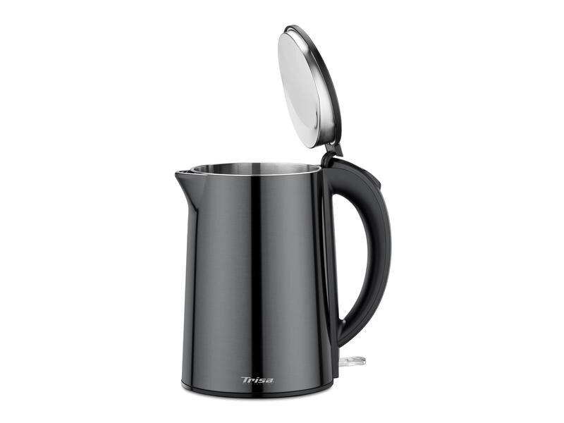 Trisa Wasserkocher Comfort Touch 1.5 l, Schwarz Edelstahl Wasserkocher mit grosser Deckelöffnung