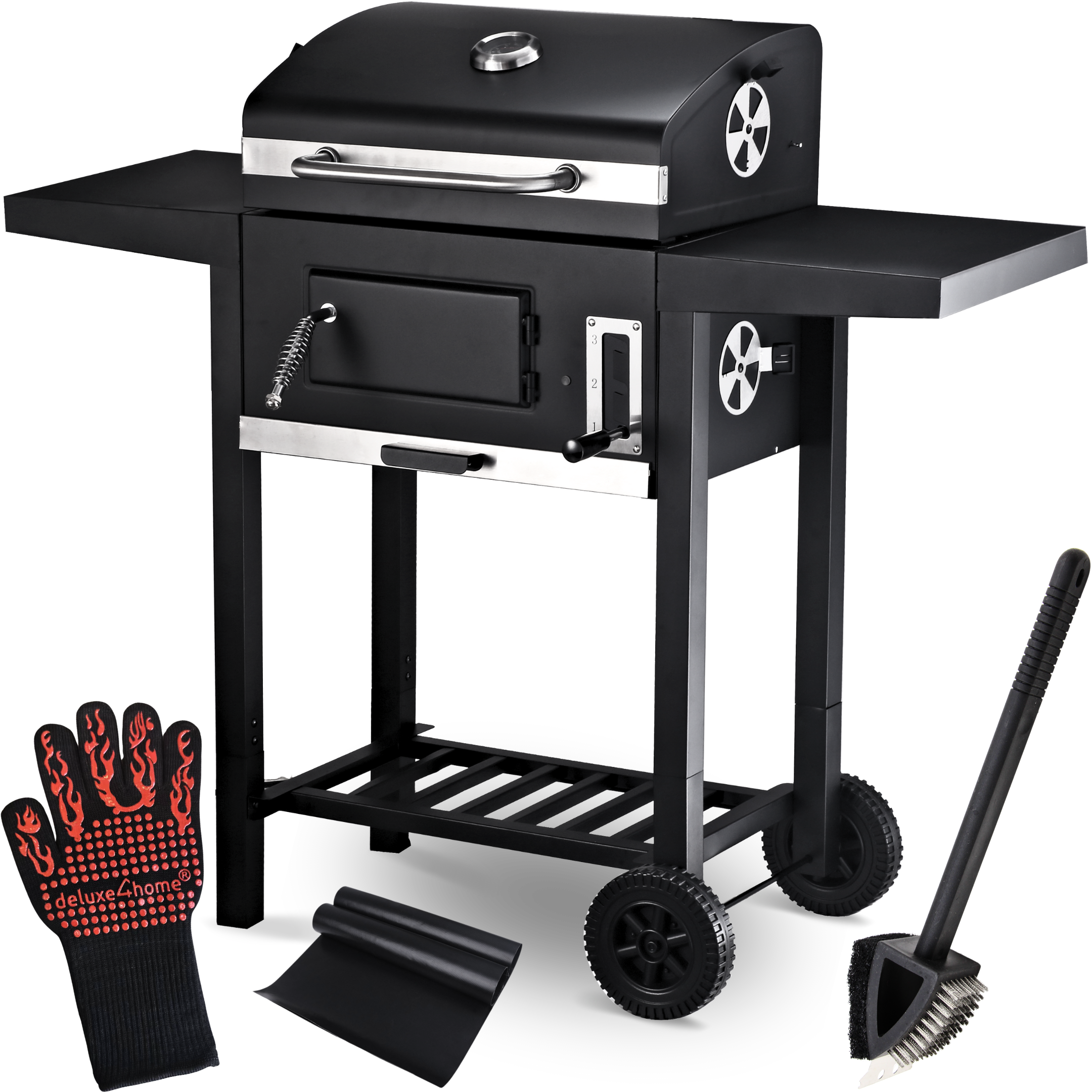 deluxe4home® Holzkohlegrill mit Deckel. - Grillwagen I 2 Ablagen, Thermometer uvm.