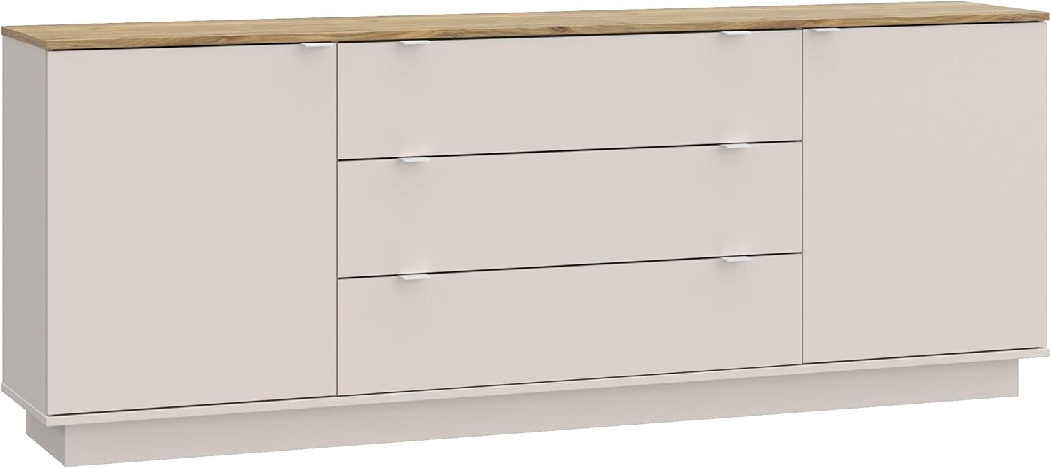 Forte GANYMEDE Sideboard 230, minimalistisches Sideboard, 2-türig, 3 Schubladen, Holzwerkstoff, Wohn-/Schlafzimmer, Mauvella Eiche Holzdekor|Kaschmirbeige, 224,5 cm breit x 85,7 cm hoch x 41,3 cm tief