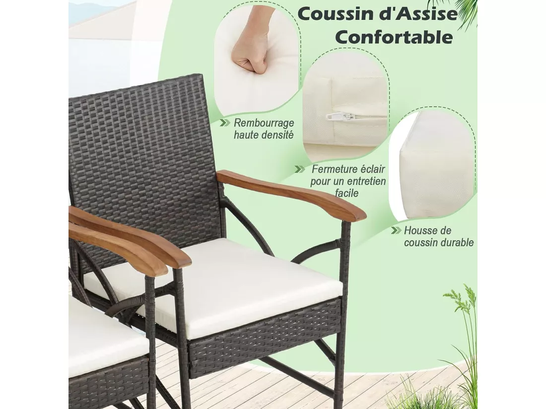 Fauteuil de Jardin Éxterieur Lot de 2 avec Coussins, Chaise Jardin Exterieur en Rotin et fibre naturelle PE avec Accoudoirs en Bois, Cadre en X, Hauteur d'Assise 40 cm, pour Salon, Terrasse, Patio