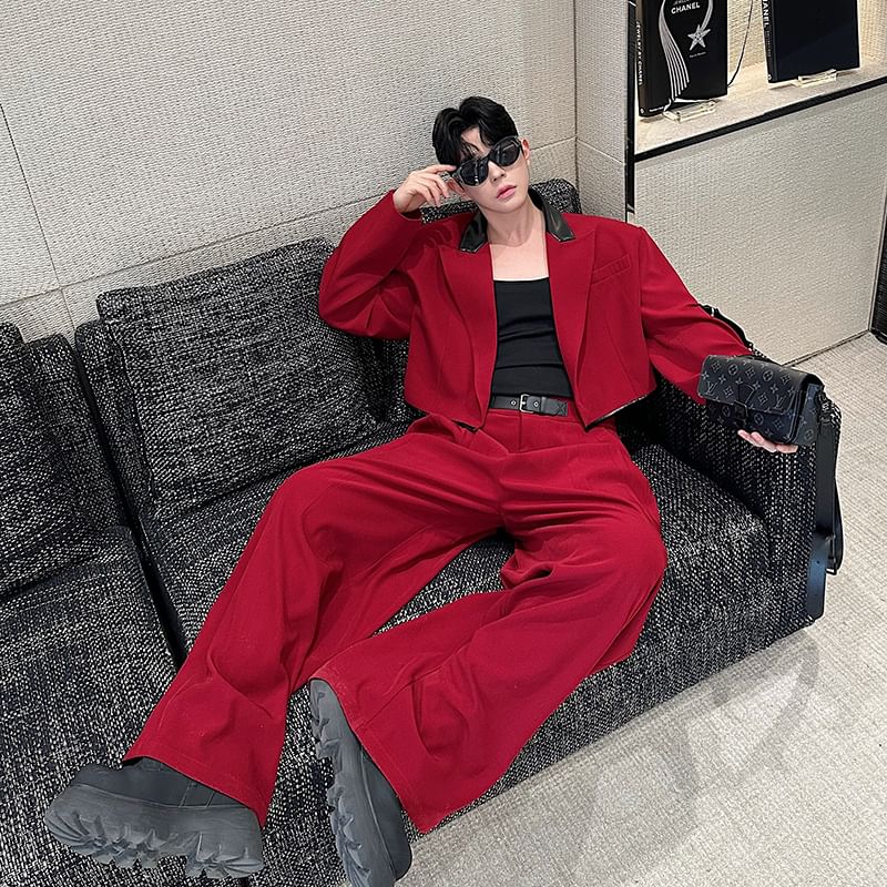 Freehop - Set: Peak Lapel Two Tone Faux Leather Panel Open Front Crop Blazer + Mid Rise Wide Leg Dress Pants