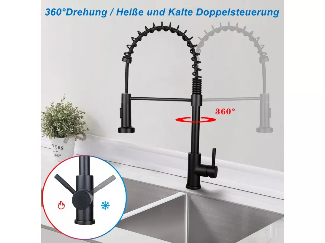 NETTLIFE Robinet de Cuisine avec Douchette Extractible Mitigeur Cuisine Bec Rotatif Mitigeur d'Évier haute pression avec 2 types de jets ，Noir