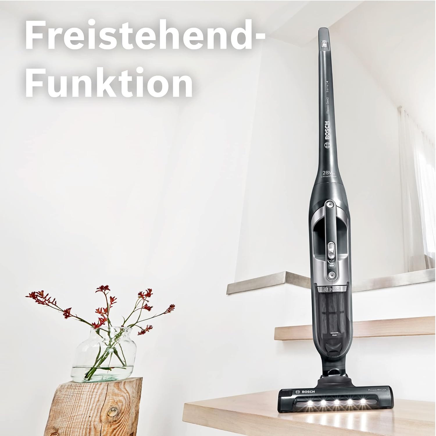 Bosch Akku-Staubsauger Flexxo 2in1 Serie 4 BBH3P280, kabelloser Handstaubsauger, beutellos, hohe Saugleistung, lange Laufzeit, Düse mit LED Beleuchtung, alle Bodenarten, dunkelgrau