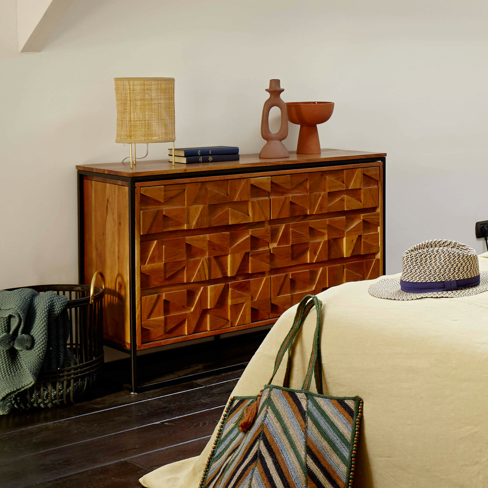 Commode double avec 6 tiroirs en acacia massif