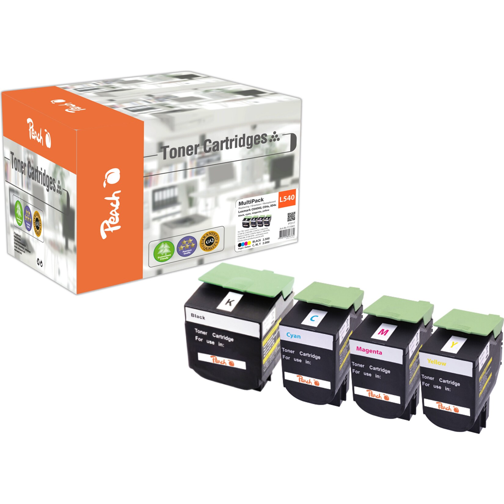 Peach L544 Toner XL (bk, c/m/y) ersetzt Lexmark C540H2 für z.B. Lexmark C 540 N, Lexmark C 543 DN, Lexmark C 544 DN, Lexmark C 544 DTN (wiederaufbereitet)