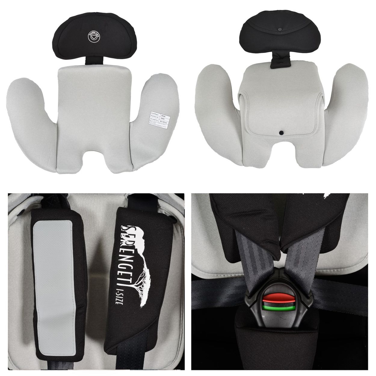 Moni Kindersitz Serengeti i-Size (40-150cm) Isofix, Kuscheltier, Nackenkissen grau