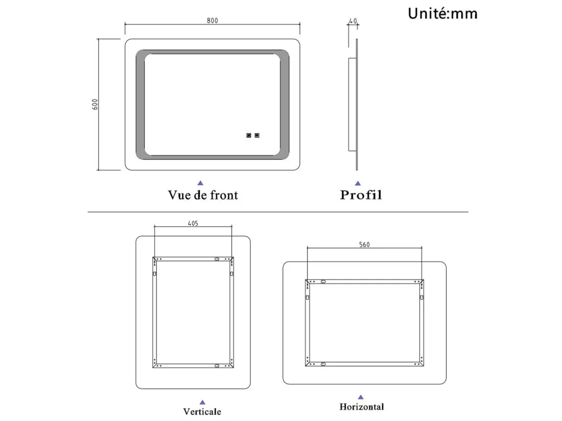 Miroir de Salle de Bain Anti-buée Miroir Lumineux LED à Double Contrôle 80 * 60cm Aica