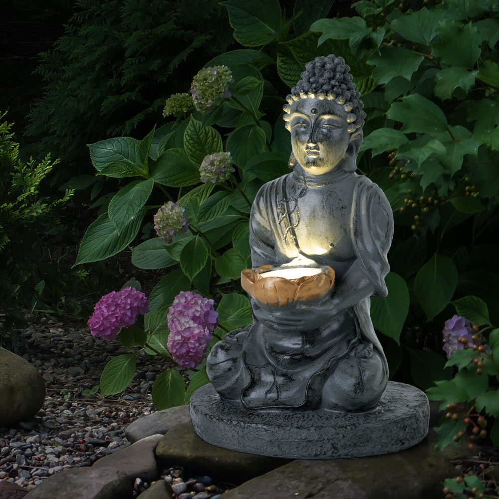 2er Set LED Solarleuchte BUDDHA in grau