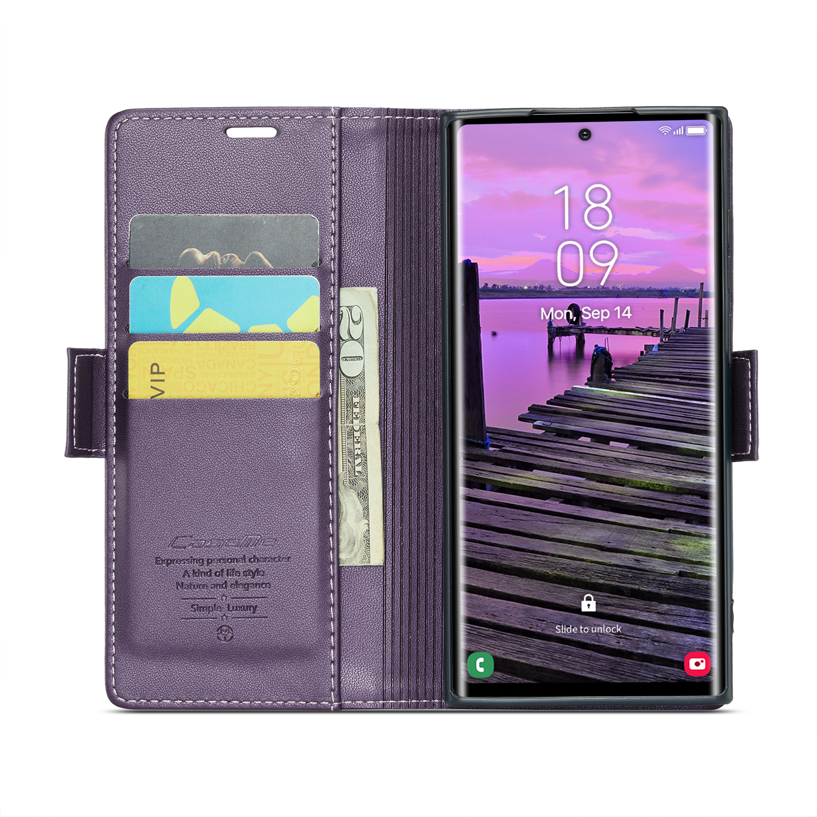 Samsung Galaxy S25 Ultra Leder Tasche Flip Wallet Etui mit Kartenfächern Litchi Look (RFID Schutz) - Violett