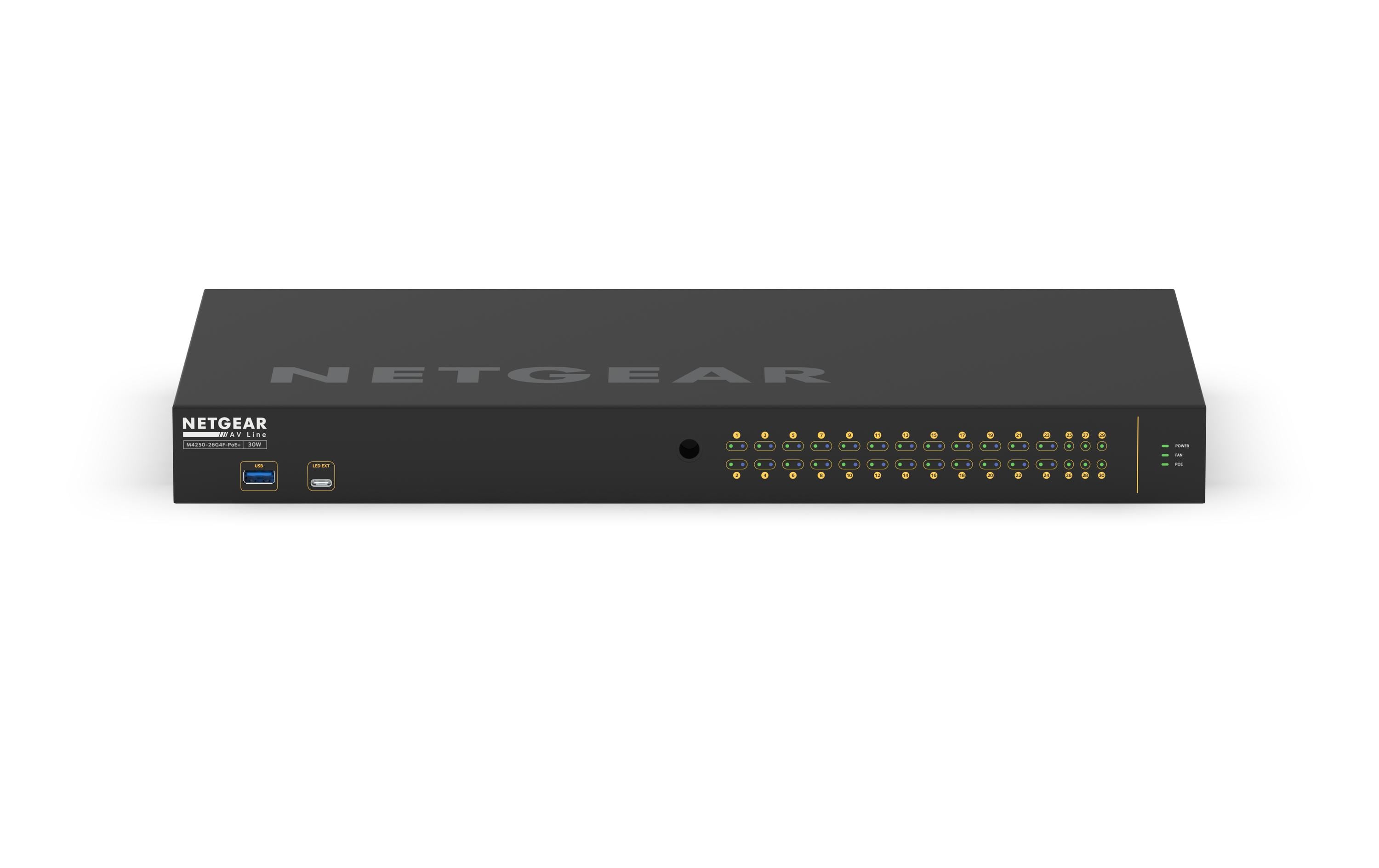 PoE+ Switch AV Line M4250-26G4F-PoE+ 28 Port<br>NETGEAR AV Line M4250-26G4F-PoE+ 24x1G PoE+ 300W 2x1G und 4xSFP Managed Switch (GSM4230P)
