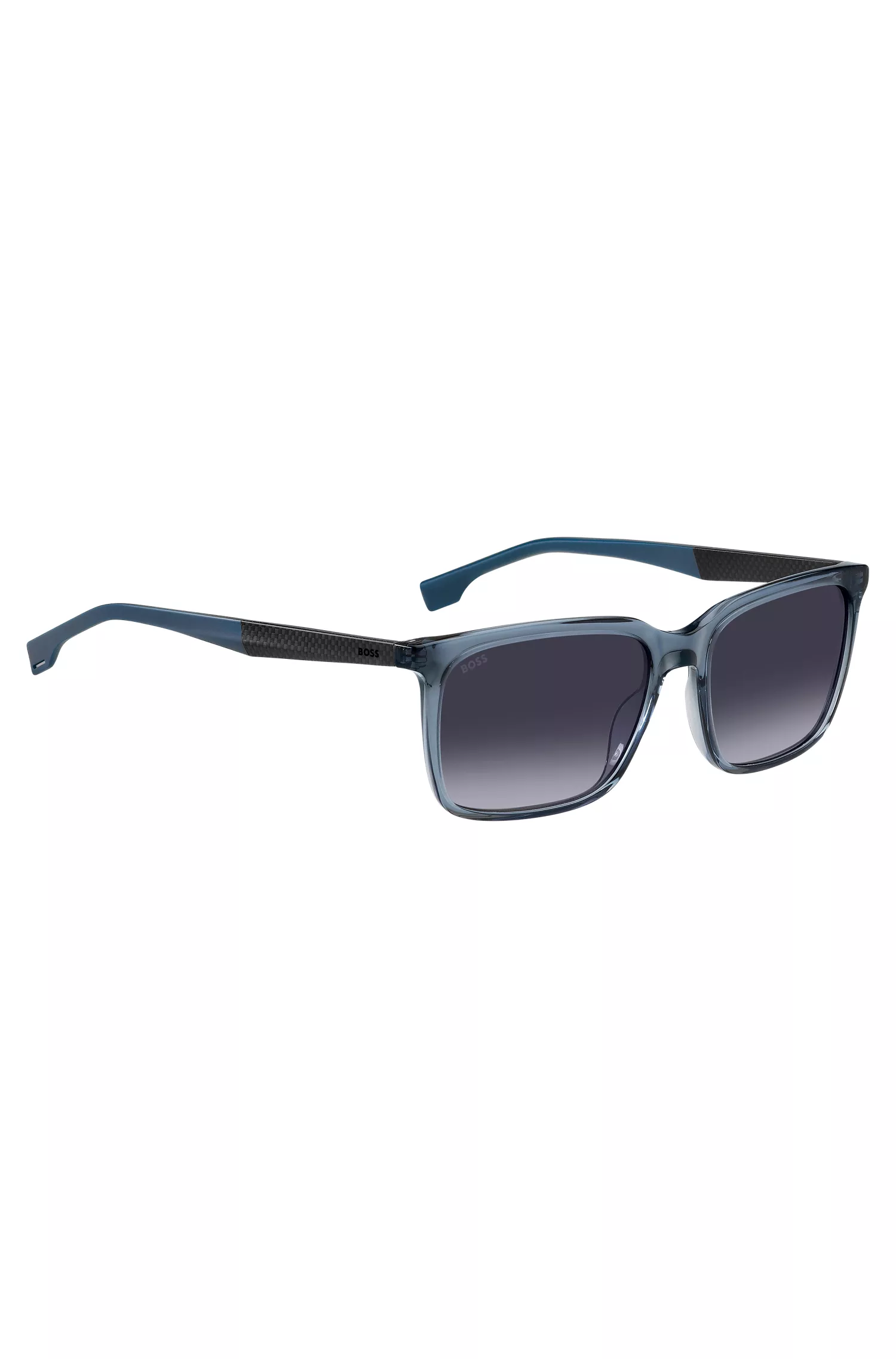 Óculos de sol BOSS em acetato preto e azul com hastes em fibra de carbono texturizada.