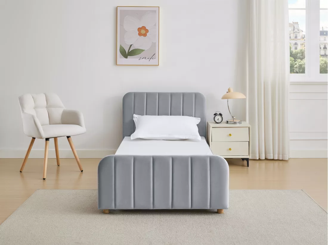 Lit 90 x 190 cm - Velours avec coutures verticales - Gris - ROGADI