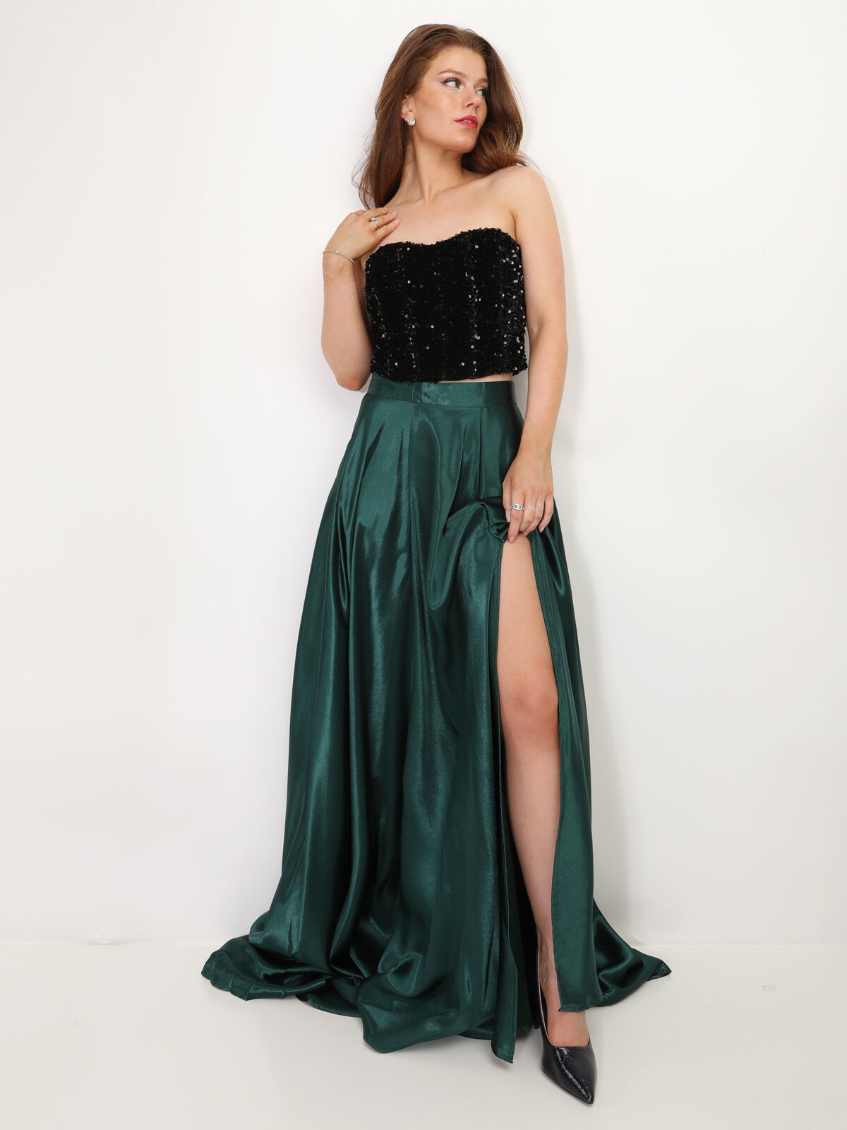 Jupe longue taille haute effet satiné- Vert foncé