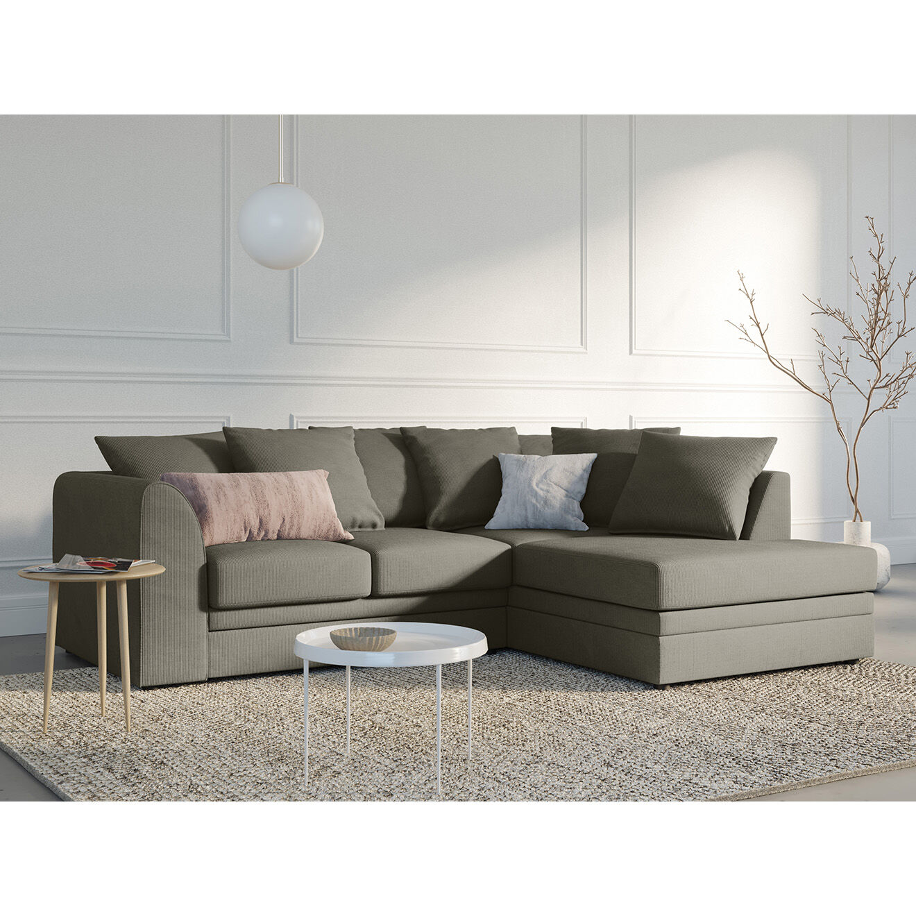 Mazzini Sofas Canapé d'angle Droit Quince Velours côtelé 4 Places gris clair - 221x171x80 cm