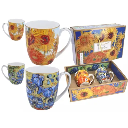 Carmani 2er Set Tassen Van Gogh Sonnenblumen und Iris, 450 ml