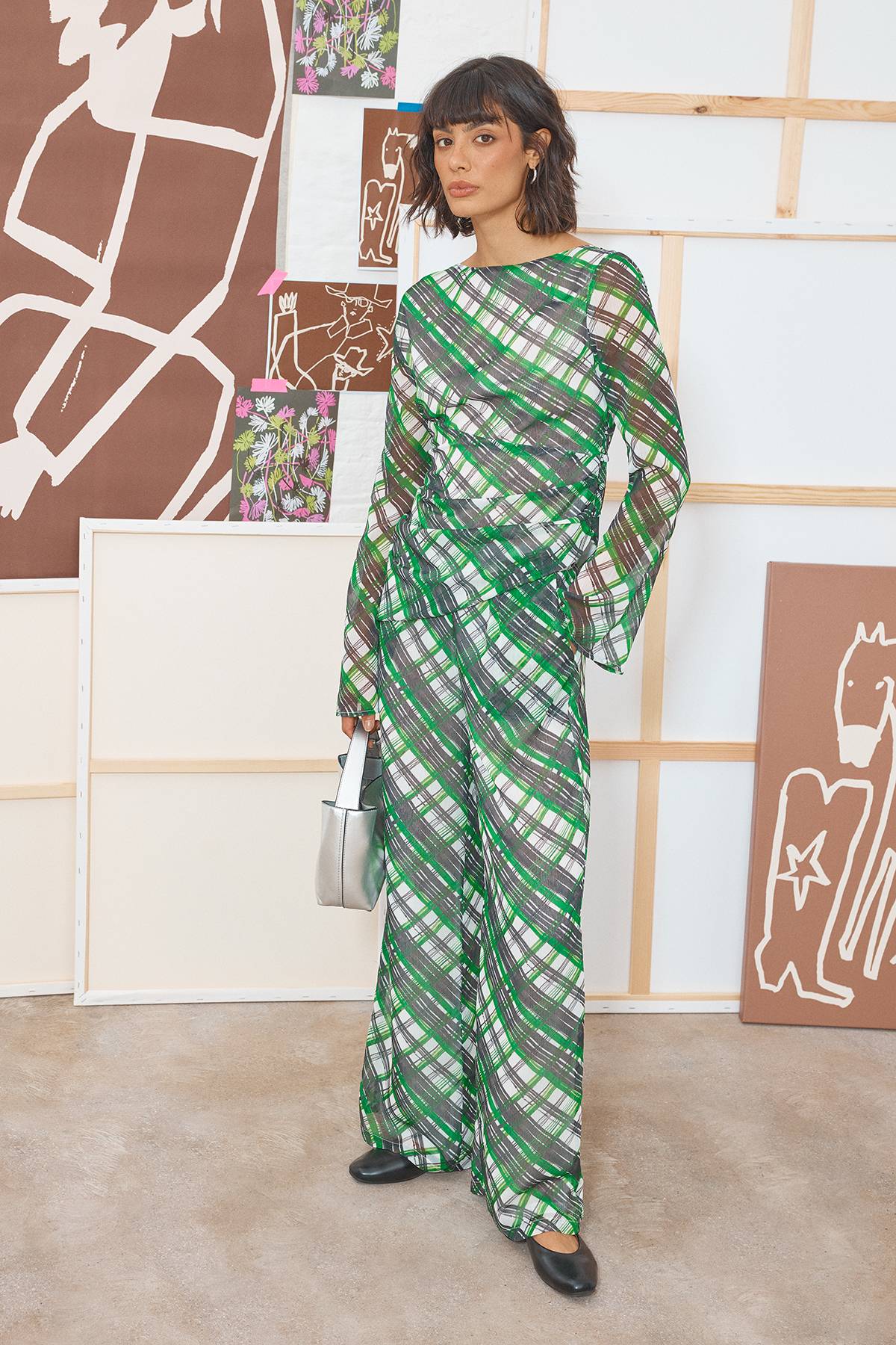 Warehouse Pantalon Tony en Mousseline à Taille Mi-Haute et Jambes Palazzo