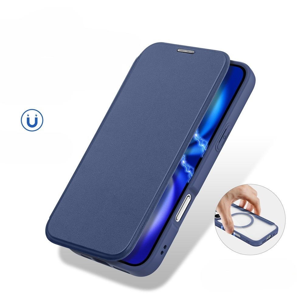 iPhone 17 MagSafe Hybrid Leder Tasche   Kunststoff Rückseite (RFID Schutz) - Blau / Transparent