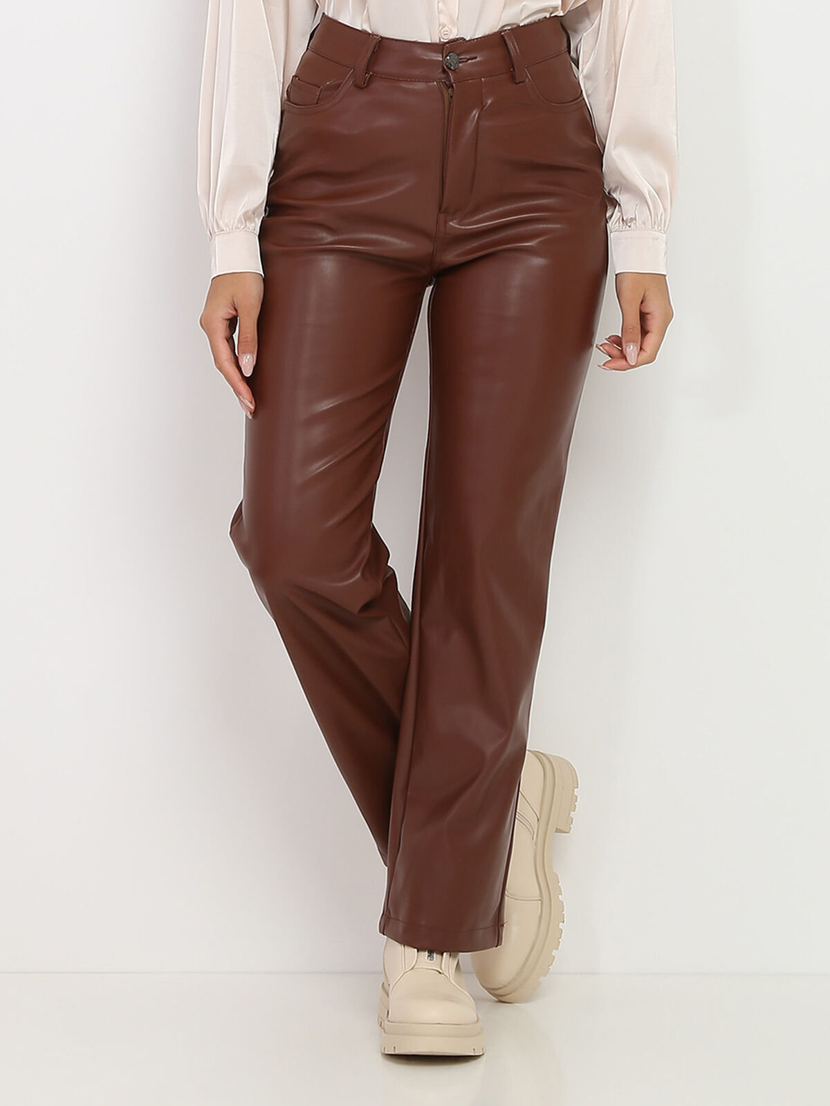 Pantalon large en simili brillant- Marron