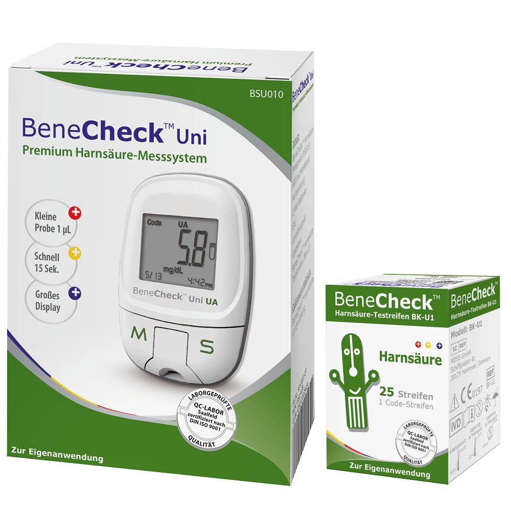 BeneCheck Harnsäure-Messgerät Premium- Kombi Set mit Teststreifen