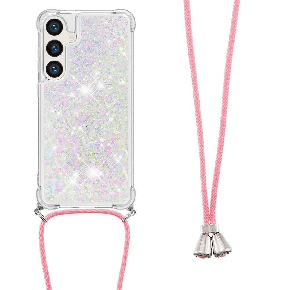 Samsung Galaxy S24 Necklace Gummi Hülle Liquid Glitzer   Handykette (130cm) - Rosa / Silber