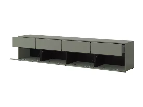 Meuble TV XL coloris vert sauge et noir 225cm collection HAVANA. Meuble design avec 4 portes et 4 tiroirs.