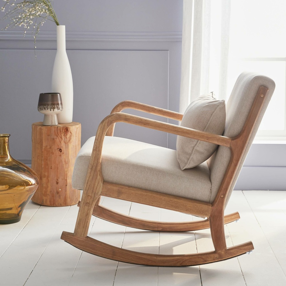 Fauteuil à bascule design en bois et tissu. 1 place. Rocking chair scandinave. Beige