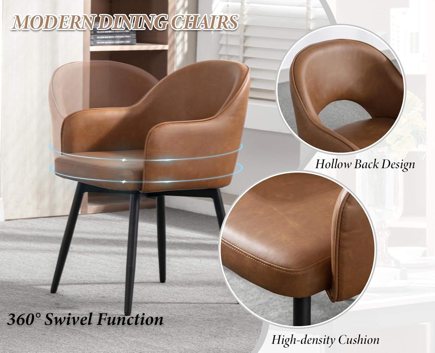 Esszimmerstühle 2er Set, Drehbare Küchenstühle mit  Armlehne PU-Kunstleder Polsterstuhl Metallbeine für Esszimmer/Restaurant/Wohnzimmer, Braun