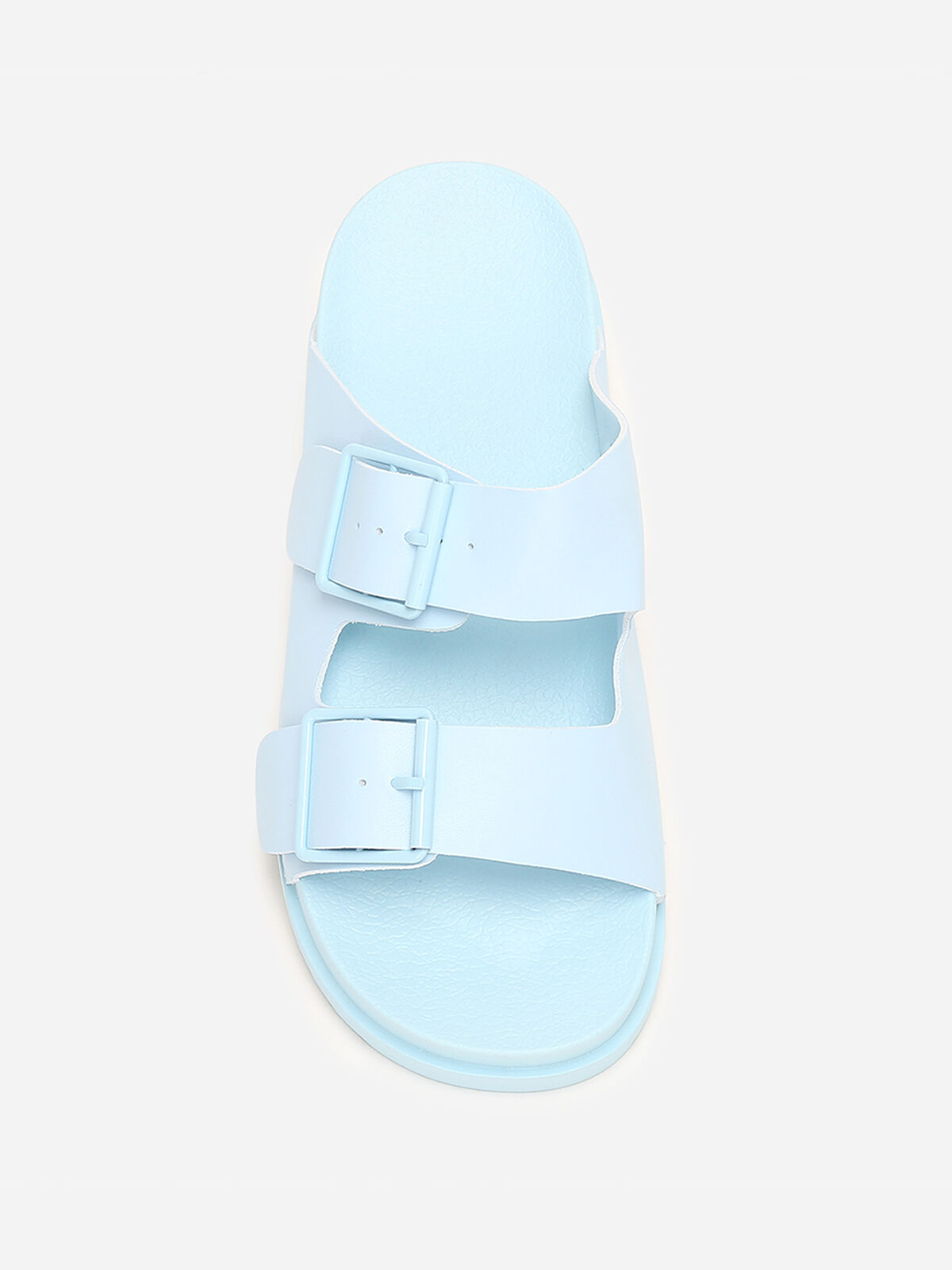 Mules crantées en simili à double brides- Bleu clair