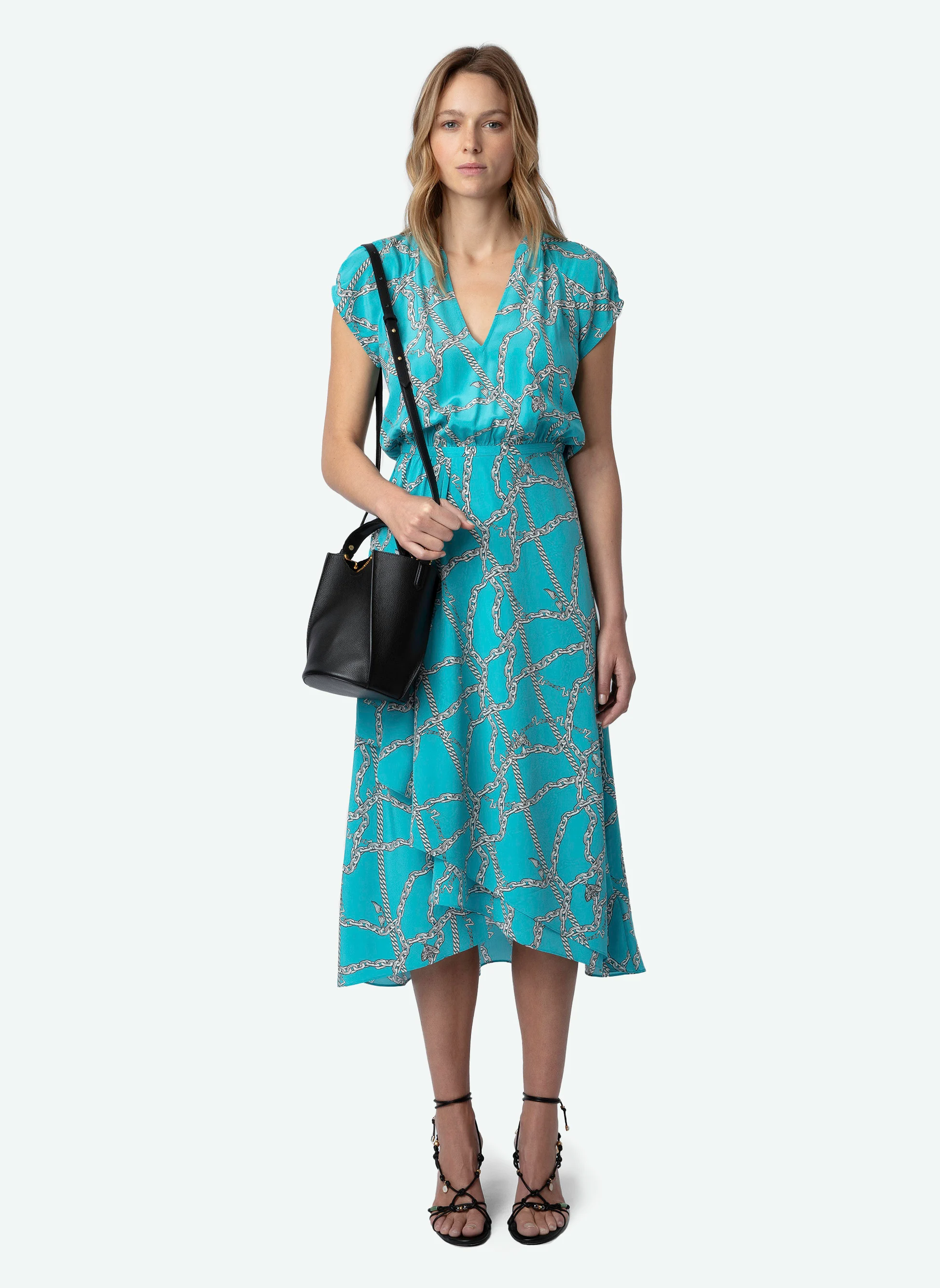 RANDALL - Robe midi col V imprimée en soie| Bleu