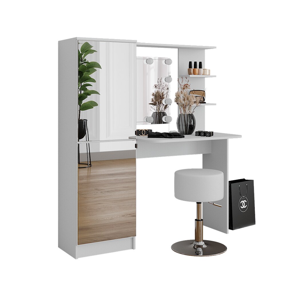 Vicco Schminktisch Jasmin Weiß 123 cm mit LED-Beleuchtung und Hocker