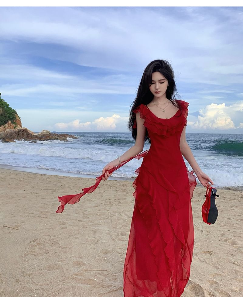 JIYON - Spaghettibandjes Ruffle Cold Shoulder Maxi Schedejurk