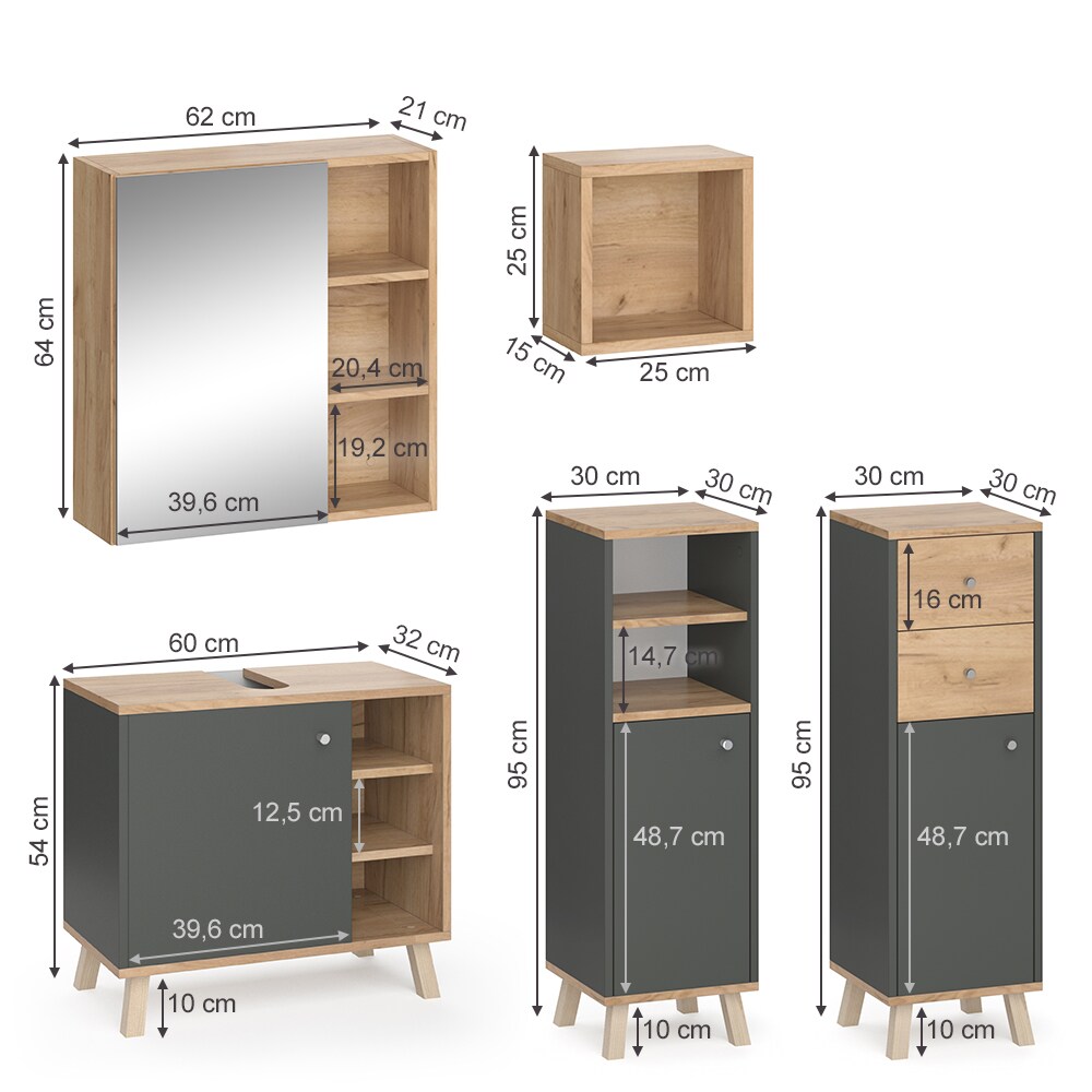 Vicco Badmöbelset Midischrank Waschtischunterschrank Spiegelschrank Senyo GK/ANT