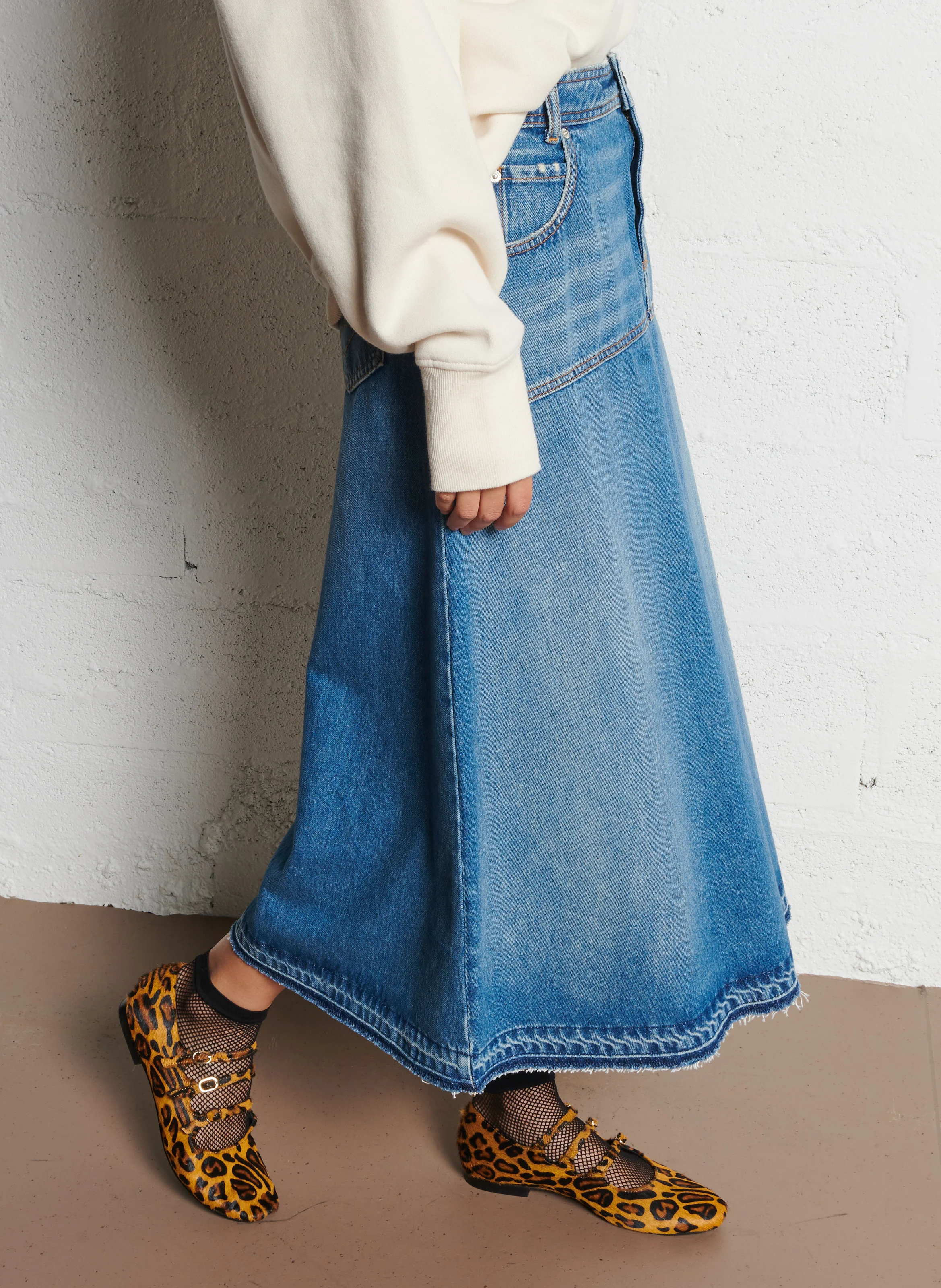 VALENTIA - Jupe midi évasée en denim de coton | Bleu