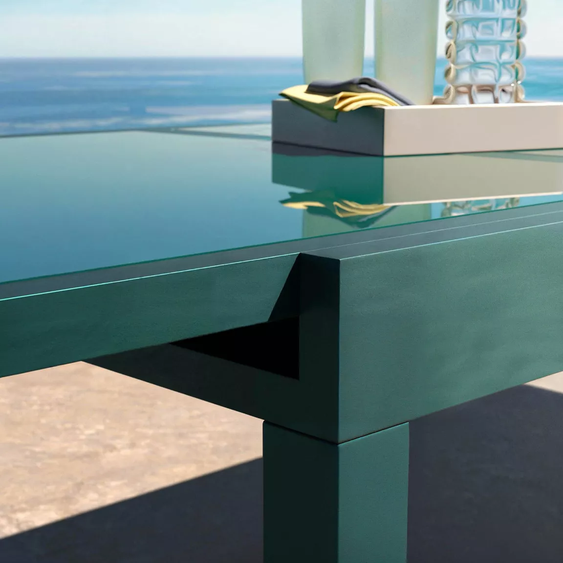 Table de jardin extensible en verre 12 places (200/320 x 100 cm) Murano Bleu pétrole