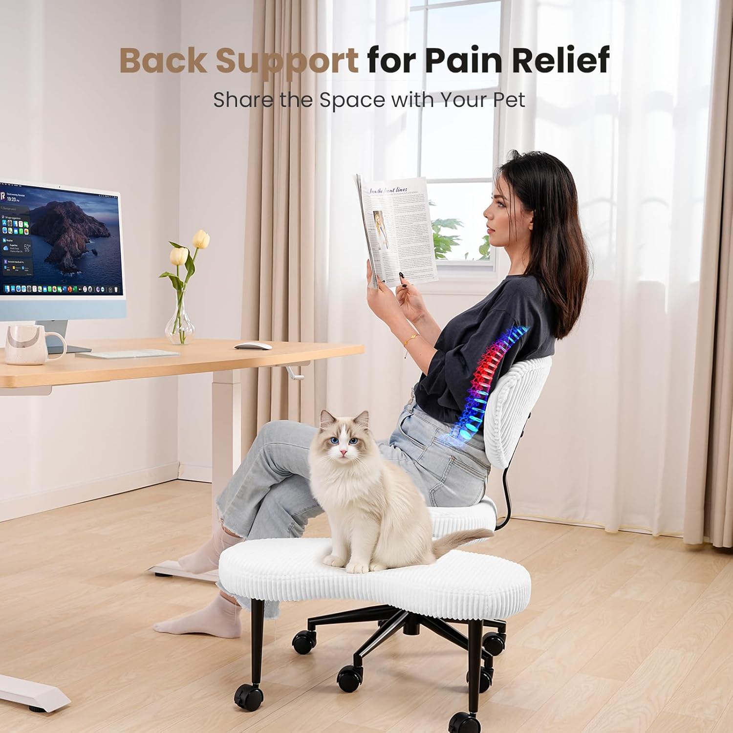 Bürostuhl mit Kreuzbeinen, 360° drehbar, ergonomischer Kniestuhl, Criss Cross Schreibtischstuhl mit Verstellbarer Höhe, ADHS-Meditationsstuhl mit Rückenstütze, Cordstoff, Weiß