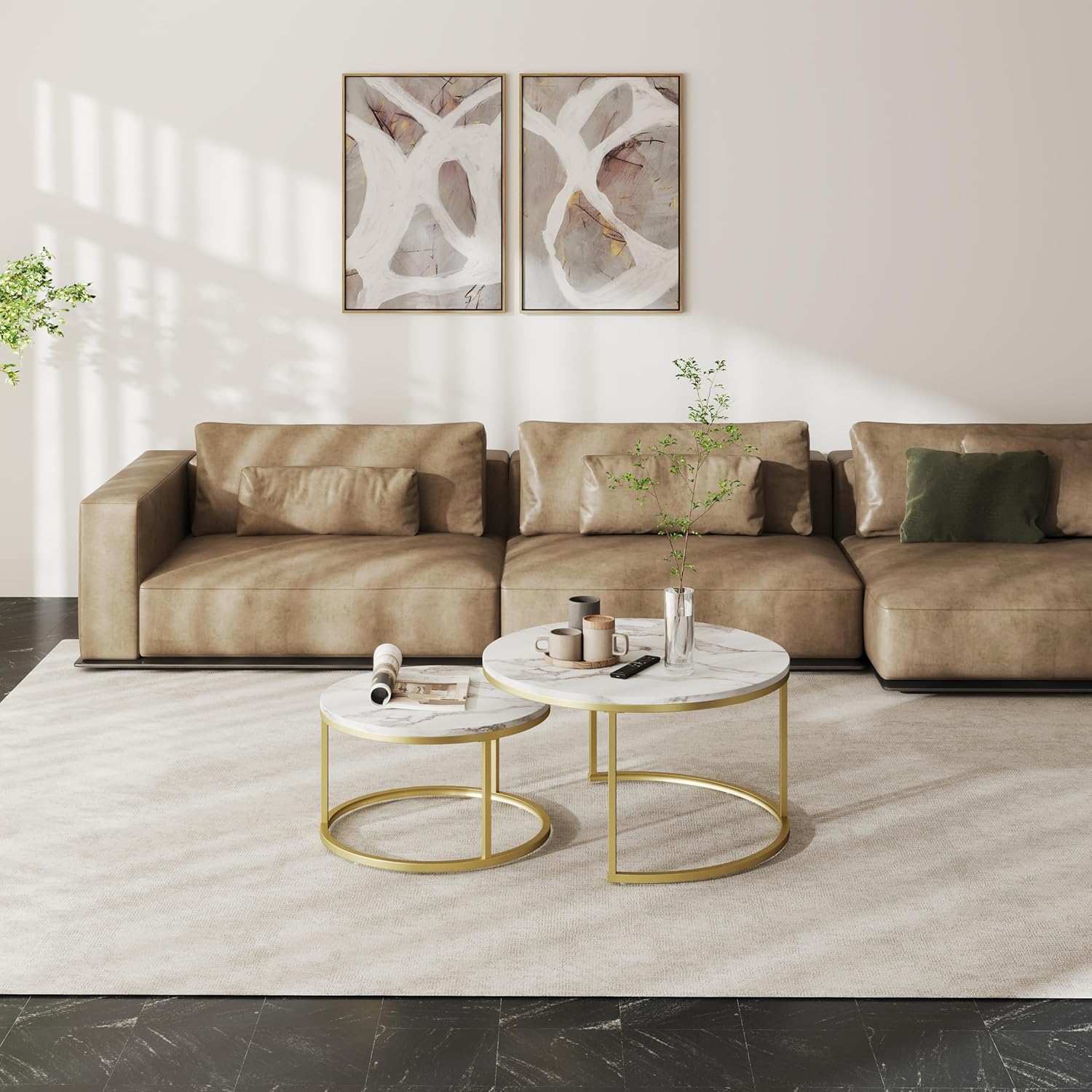 Couchtisch 2er Set, Marmor Couchtisch Gold, Wohnzimmertisch Weiß, Couchtische Rund, Tisch Wohnzimmer Modern,80 x 80 cm & 60 x 60 cm