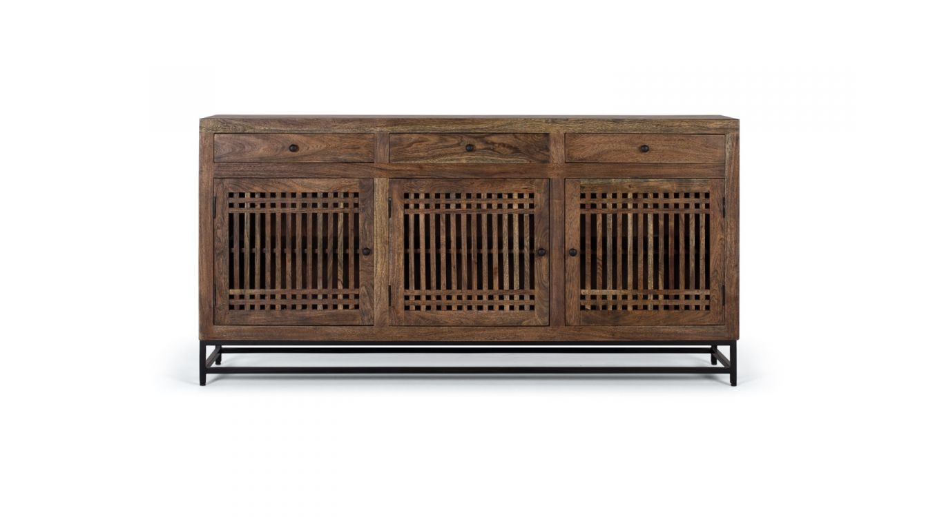 Bahut 3 tiroirs bois, métal marron 180x45x90cm - bois-métal