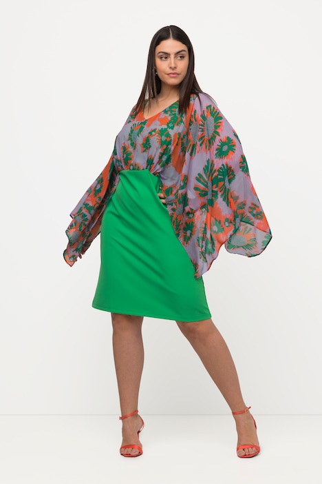 Midikleid, Chiffon-Büste, Blätter, V-Ausschnitt, Langarm