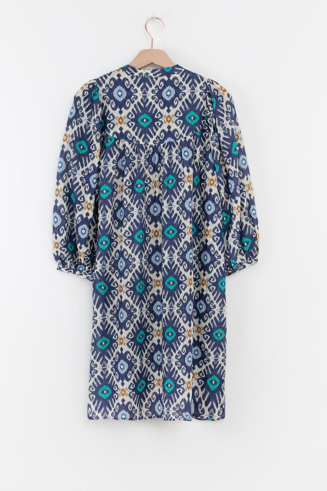 Blauwe A-lijn midi jurk met print