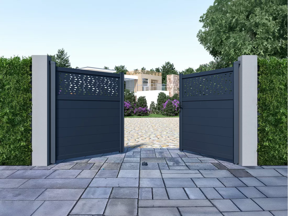 Portail battant aluminium semi plein à motifs L305 x H166 cm anthracite - BAZIO