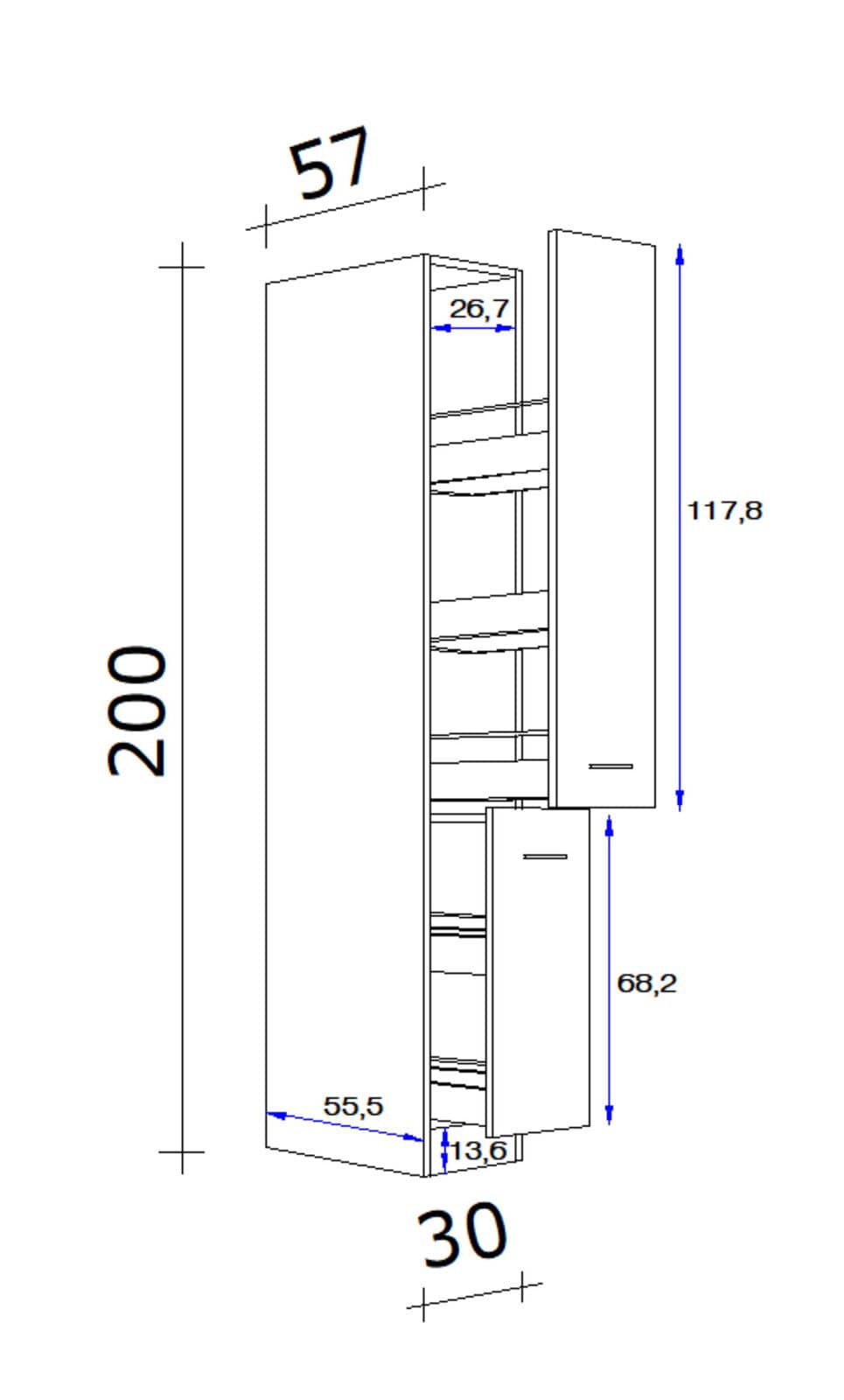 Küchen Apothekerschrank WITO 30 x 200 x 57 cm weiß