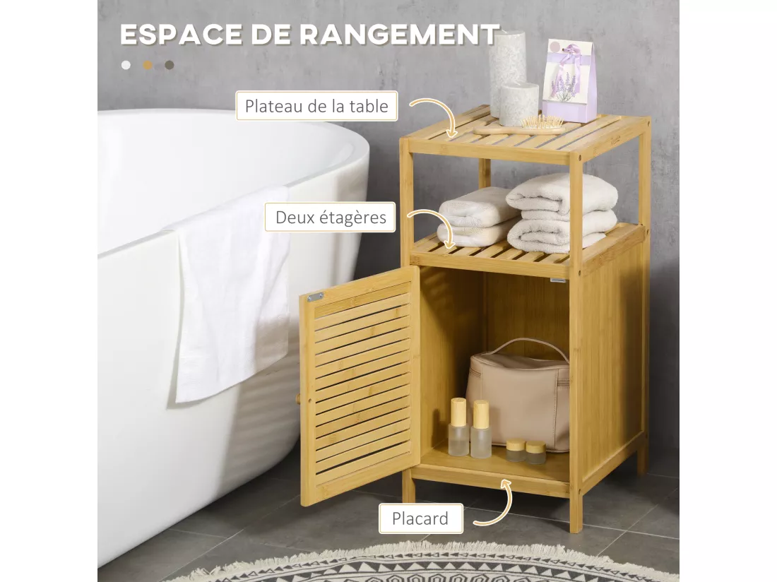 Meuble bas salle de bain rangement salle de bain 1 porte 2 étagères bois bambou verni