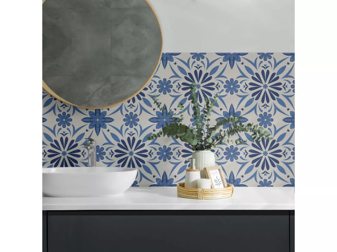 Carreaux autocollants PVC, Carrelage PVC adhésif - 9x30x30 - Motif floral sur le fond